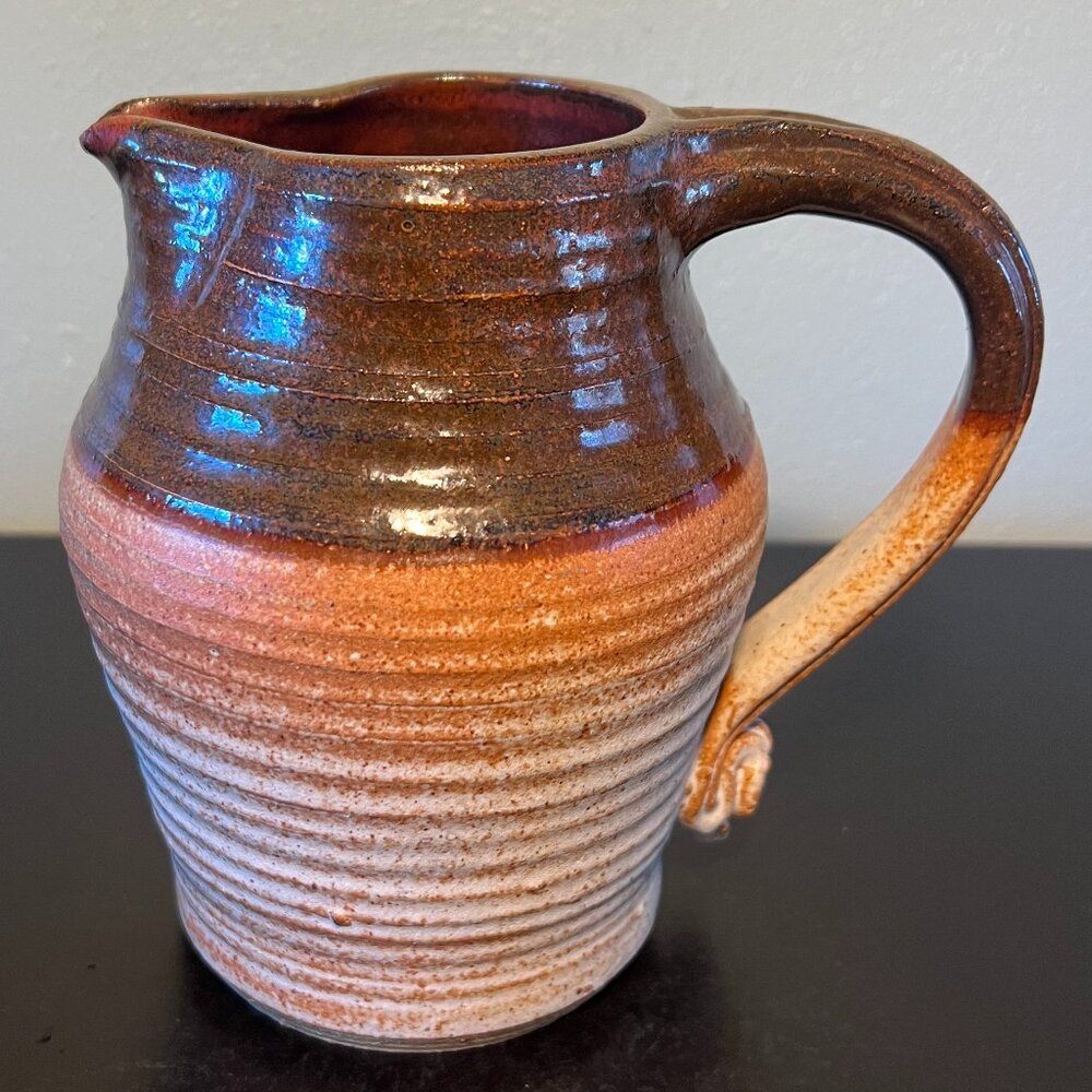 Handcrafted Hand Thrown Studio Clay Pottery Ribbed Pitcher Vase Earth Tones Boho